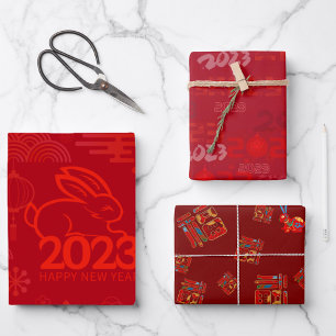 Red 2023 Lunar New Year Rabbit 福 Blessings Wrappin Wrapping Paper Sheets