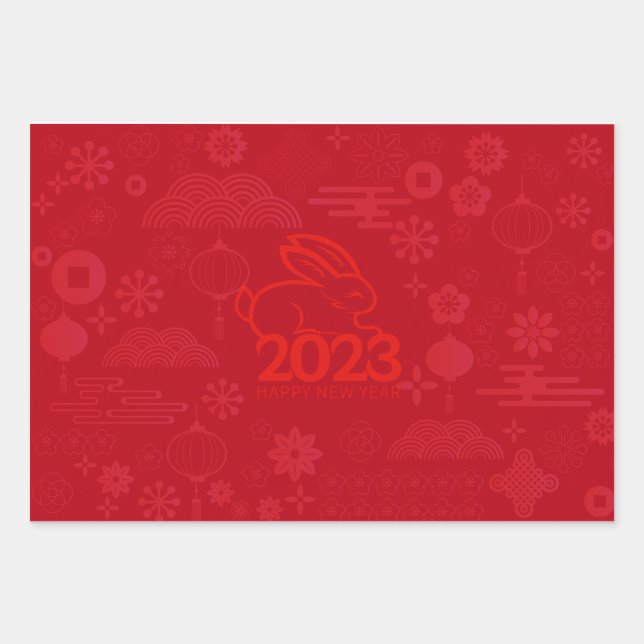Red 2023 Lunar New Year Rabbit  Wrapping Paper Sheets (Front 3)