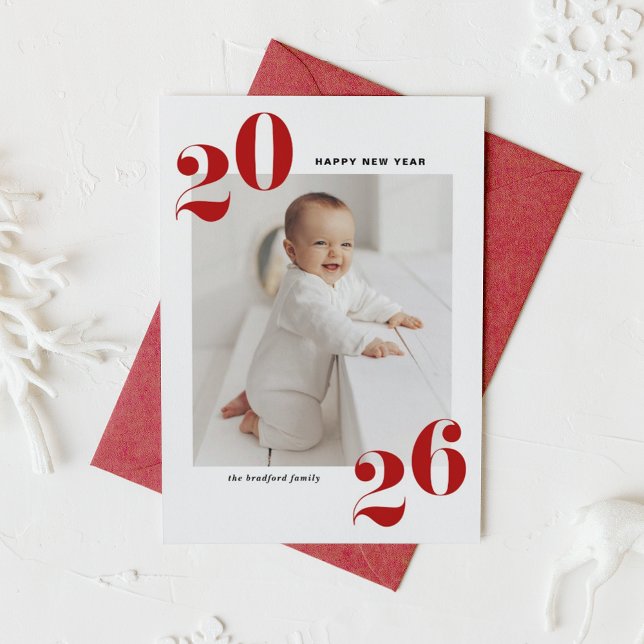 Red 2026 Bold Typography Happy New Year Photo Holiday Card (Customizable photo Happy New Year card featuring 2026 in red retro bold typography.)