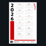 Red 2026 Corporate Wall Calendar Poster<br><div class="desc">Mark the new year with this poster-sized wall calendar featuring your contact information. Perfect as a gift for your favorite clients or general promotion. Change the color of the lines and boxes to whatever you like and don't forget to add your logo at the bottom! Available in royal blue, purple,...</div>