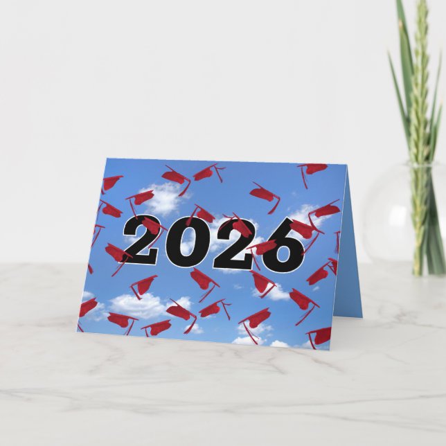 Red 2026 Graduation Caps in Sky  Card (Front)