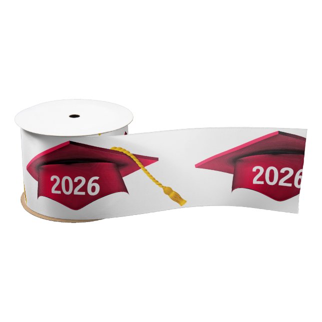 Red 2026 Graduation Caps On White Satin Ribbon (Spool)