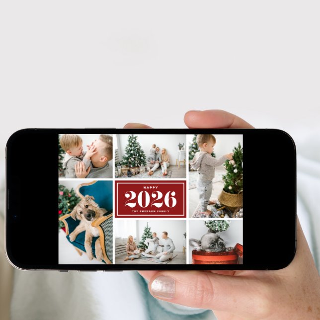 Red 2026 Happy New Year Photo Collage Holiday Card (Front Digital)
