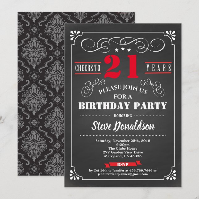 Red 21st birthday party chalkboard retro invitation (Front/Back)