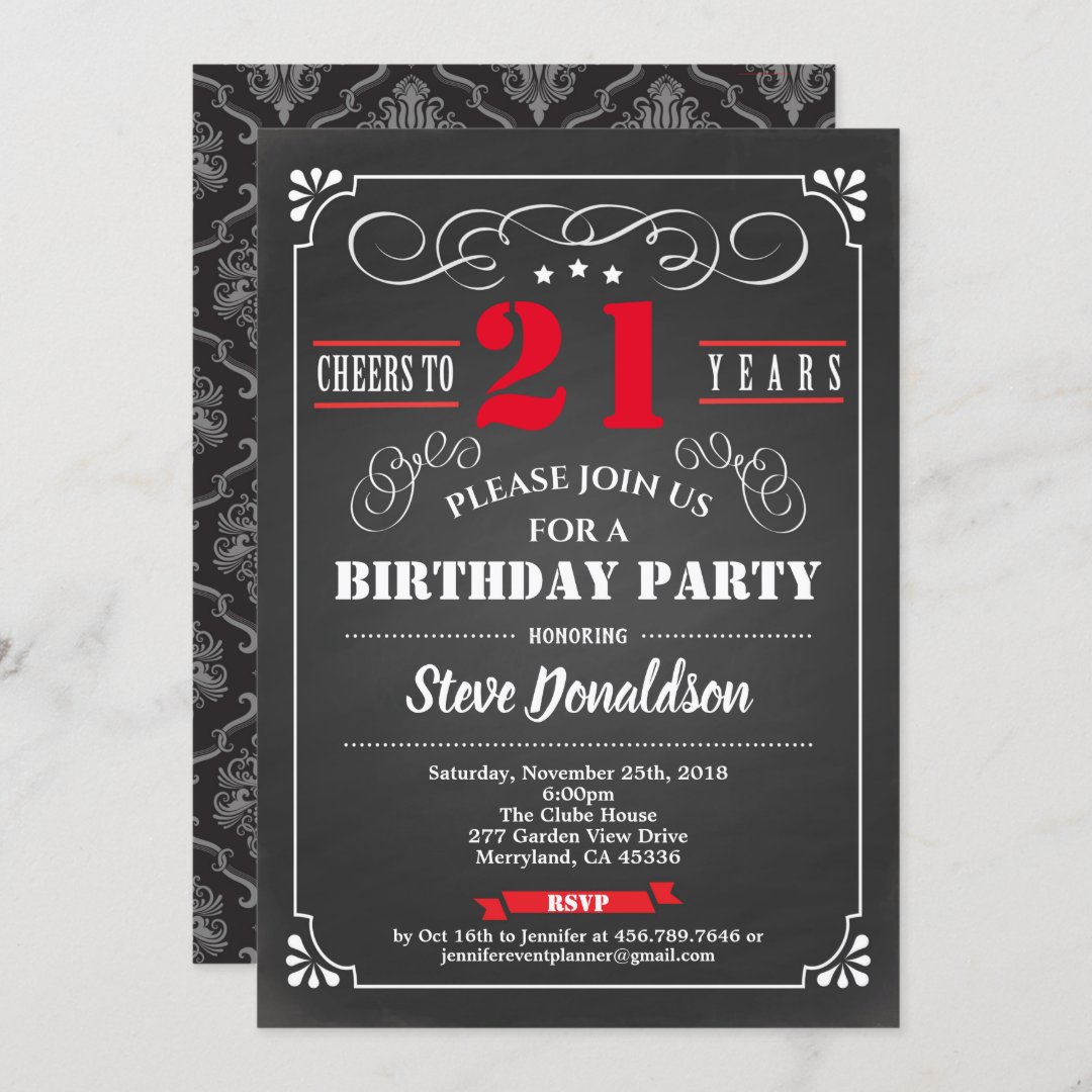 Red 21st birthday party chalkboard retro invitation | Zazzle