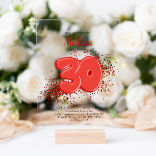 Red 30th Balloons Confetti Adult Birthday Acrylic Invitations