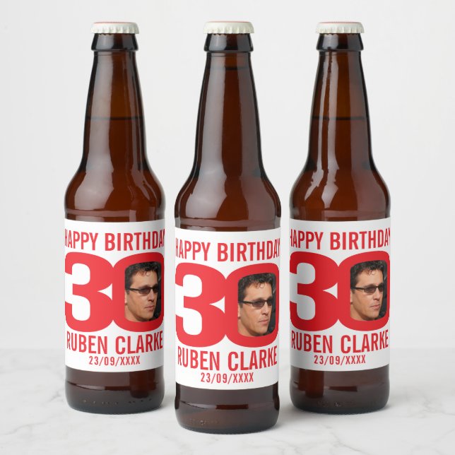 Red 30th Birthday custom photo name label (Bottles)