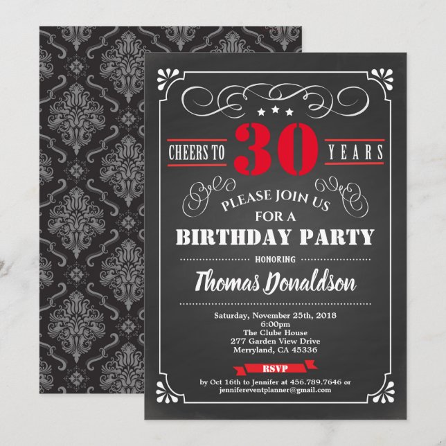 Red 30th birthday party chalkboard retro invitation (Front/Back)