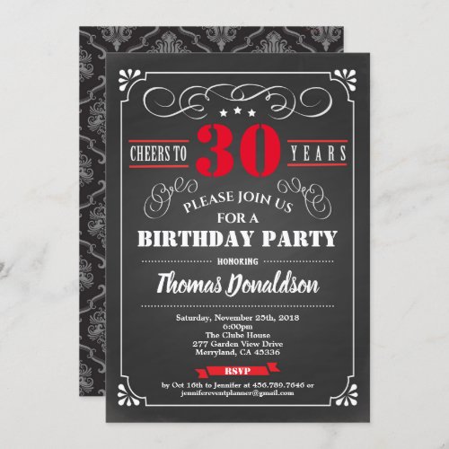 Red 30th birthday party chalkboard retro invitation