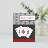 red 3 aces vegas wedding save the date announcement postcard (Standing Front)