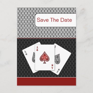 red 3 aces vegas wedding save the date announcement postcard