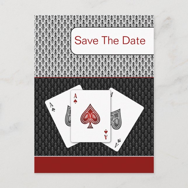 red 3 aces vegas wedding save the date announcement postcard (Front)
