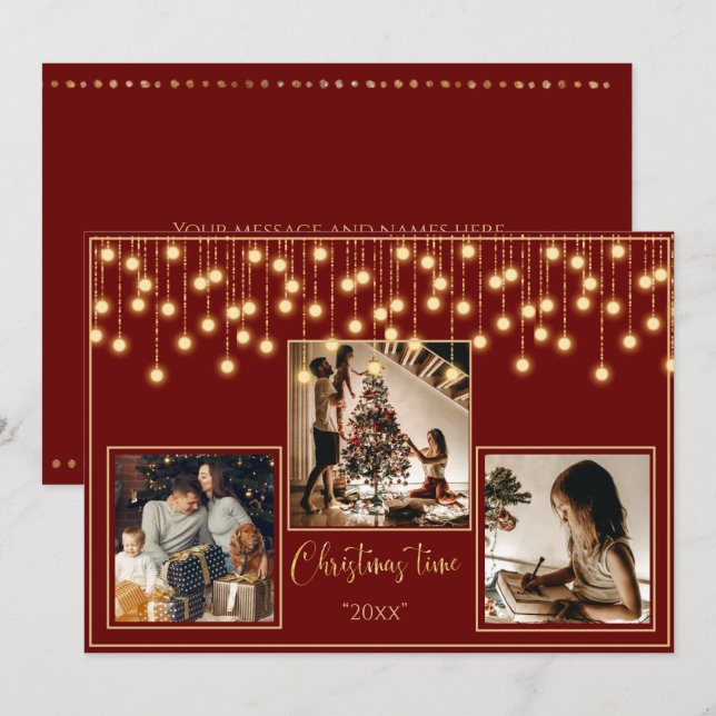 Red 3 Photos Christmas Time Gold Holiday Card (Front/Back)
