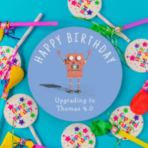 Red 3D robot kids birthday party Classic Round Sticker
