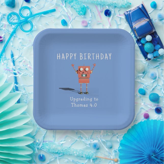 Red 3D robot kids birthday party Paper Plates (Party)
