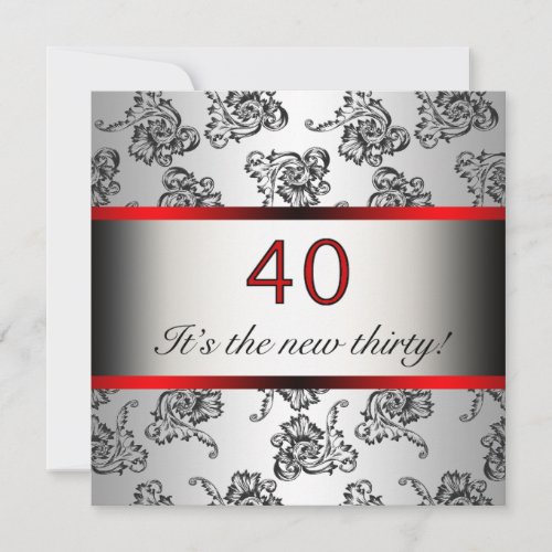 Red 40th Birthday Party Black Damask Invitation
