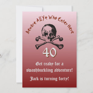 Red 40th Birthday Skull and Crossbones Pirate Ship Invitation