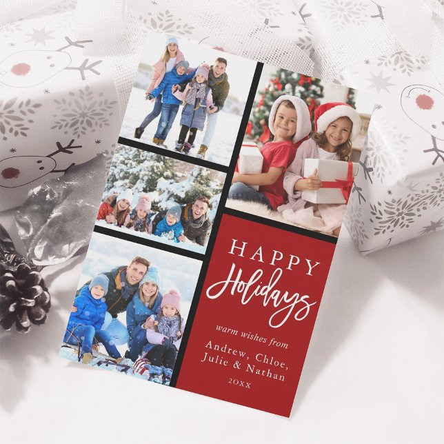 Red 4 Photo Collage Modern Happy Holidays Holiday Card (Creator Uploaded)