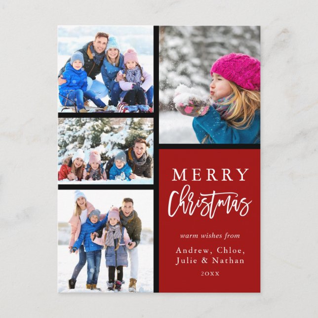 Red 4 Photo Collage Modern Merry Christmas Holiday Postcard (Front)