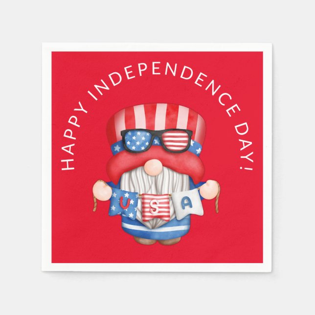 Red 4th of July Gnome Independence Day Party Napkins (Front)