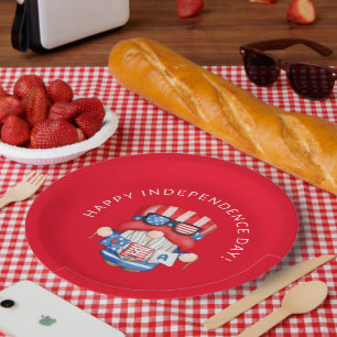 Red 4th of July Gnome Independence Day Party Paper Plates