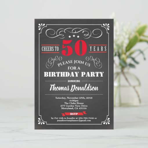 Red 50th birthday party chalkboard retro invitation | Zazzle