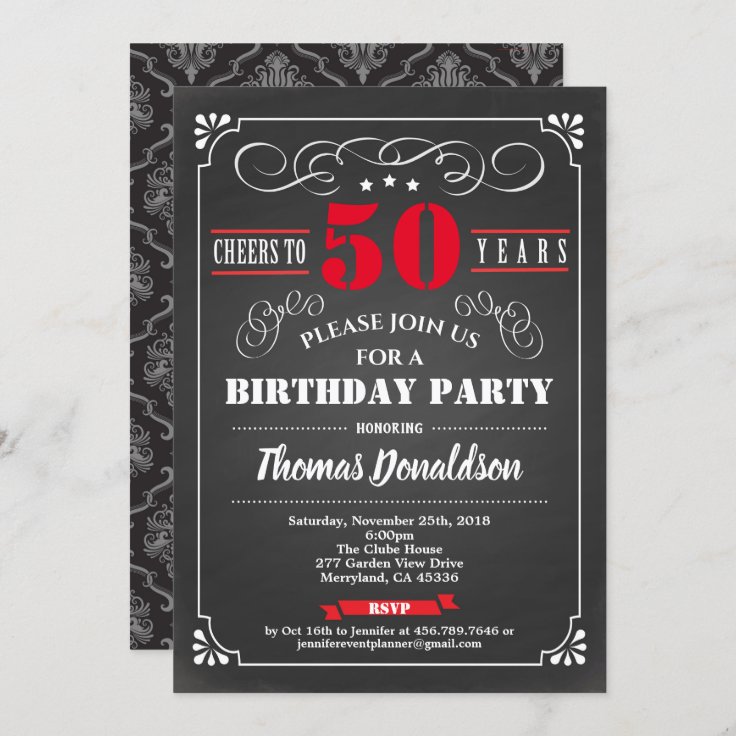 Red 50th birthday party chalkboard retro invitation | Zazzle