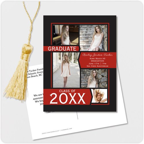 Red 5_Photo Collage Graduation Announcement Postcard