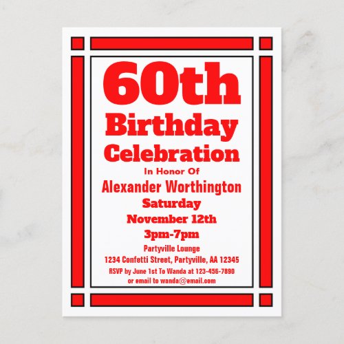 Red 60th Birthday Invitation Postcard