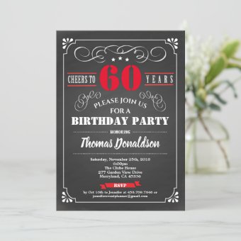 Red 60th birthday party chalkboard retro invitation | Zazzle