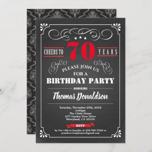 Red 70th birthday party chalkboard retro invitation