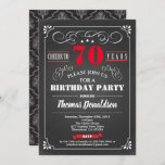 Red 70th birthday party chalkboard retro invitation<br><div class="desc">[Any Age. All text are editable]

Theme:  Birthday,  Anniversary,  Retirement Party / Celebration 
Style: Retro,  Vintage,  Elegant
Colors: Black,  Red and White.
Graphics: retro chalkboard ,  vintage typography and frame,  damask background,  red lettering.</div>