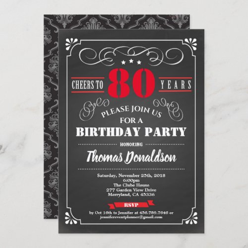 Red 80th birthday party chalkboard vintage invitation