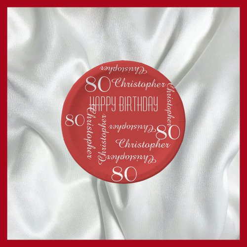 Red 80th Birthday Party Repeating Name Paper Plates