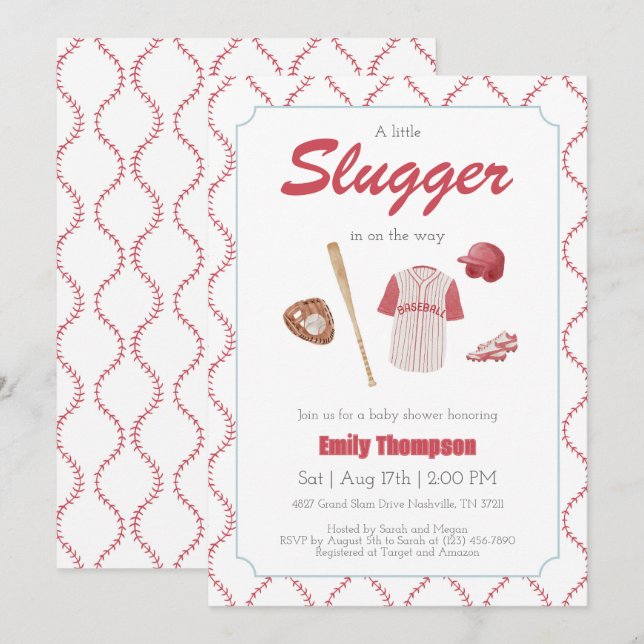 Red A Little Slugger Baby Shower invitation (Front/Back)