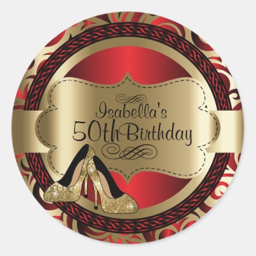 Red Abstract 00th Birthday Gold High Heels Classic Round Sticker