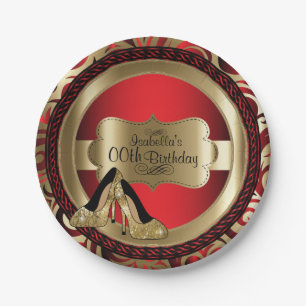 Red Abstract 00th Birthday Gold High Heels Paper Plates