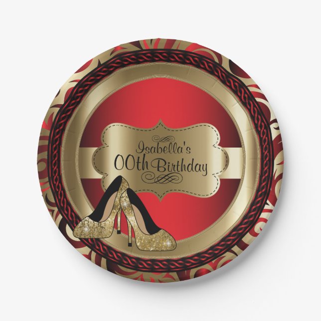 Red Abstract 00th Birthday Gold High Heels Paper Plates (Front)