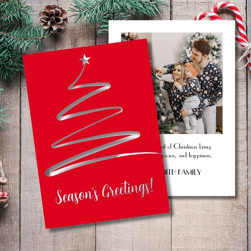 Red Abstract Christmas Tree greetings photo Foil Holiday Card