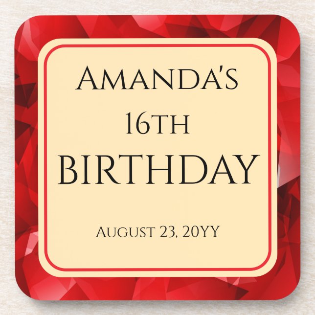 Red Abstract Crystal Design Birthday Custom Text Beverage Coaster (Front)