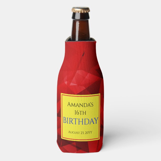Red Abstract Crystal Design Birthday Custom Text Bottle Cooler (Bottle Front)