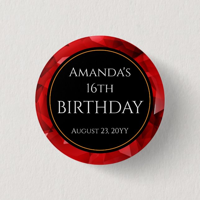 Red Abstract Crystal Design Birthday Custom Text Button (Front)