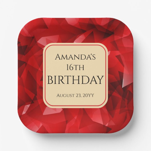 Red Abstract Crystal Design Birthday Custom Text Paper Plates (Front)