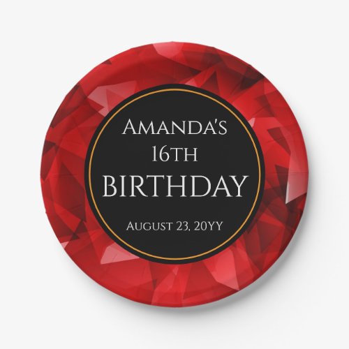 Red Abstract Crystal Design Birthday Custom Text Paper Plates