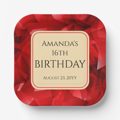 Red Abstract Crystal Design Birthday Custom Text Paper Plates