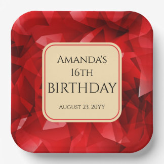 Red Abstract Crystal Design Birthday Custom Text Paper Plates