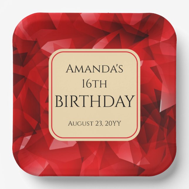 Red Abstract Crystal Design Birthday Custom Text Paper Plates (Front)
