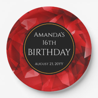 Red Abstract Crystal Design Birthday Custom Text Paper Plates