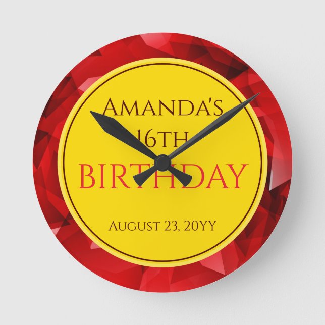 Red Abstract Crystal Design Birthday Custom Text Round Clock (Front)