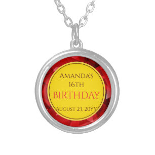 Red Abstract Crystal Design Birthday Custom Text Silver Plated Necklace